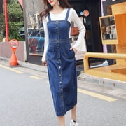 Denim Pinafore Dress for Women Button Strap Overalls Stretchy Jumper Suspender Dress A-Line Mid Long Pinafore Bibs
