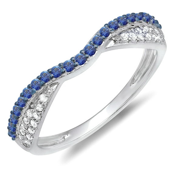 Dazzlingrock Collection 14K Round Blue Sapphire & White Diamond Ladies Wedding Band Stackable Ring, White Gold, Size 8