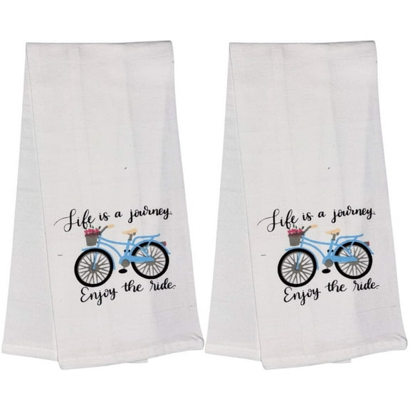 Life is a Journey Enjoy The Ride. Two Pcs Funny Flour Sack Kitchen Towels Soft and Absorbent Size: 16 X 28 Inches.