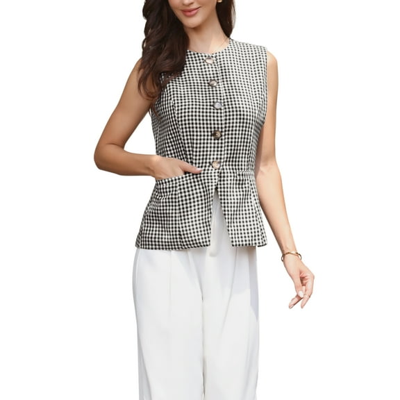 INSPIRE CHIC Plaid Suit Vest for Women's Gingham Sleeveless Office Crew Neck Blazer Business Waistcoat XS Black