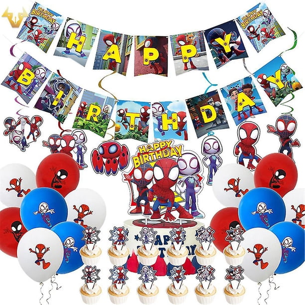 Spiderman Tema Niños Niños Fiesta de cumpleaños Decoración Globos Banner Cake Topper Set_f