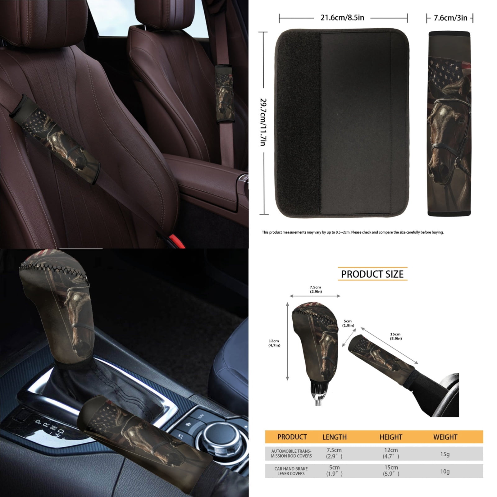 Jeiento Horse Car Seat Cover Full Set of 14 Car Seat Protector Auto Steering Wheel Cover Seatbelt Pads Armrest Cushion American Flag Trash Can Rearview Mirror Cover Handbrake Cover Set Coasters