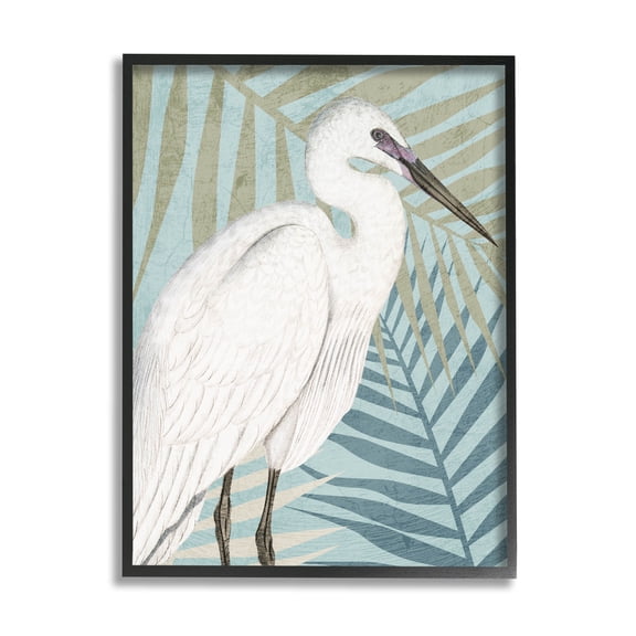 Tropical Egret Botanical Leaves Animals & Insects Graphic Art Black Framed Art Print Wall Art