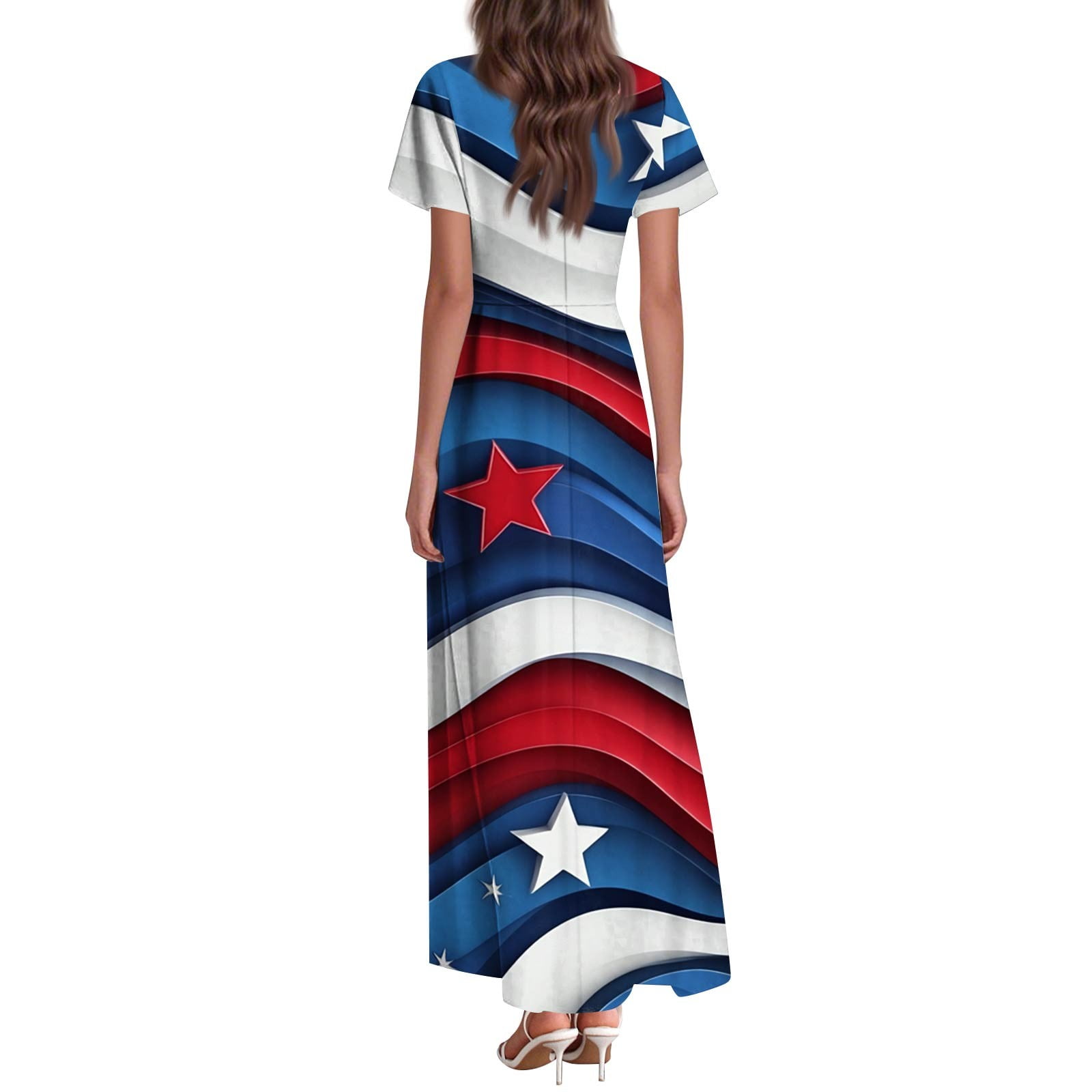 SAATLERI Red White and Blue Dress for Women Flowy American Flag Dress A-Line High Waist V Neck Short Sleeve 4th of july Summer Long Dresses