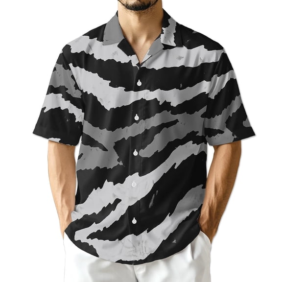 Netecom Grey Tiger Stripe Camouflage Hawaiian Shirt for Men, Vintage Style, Button Down Summer Beach Short Sleeve, S-5XL