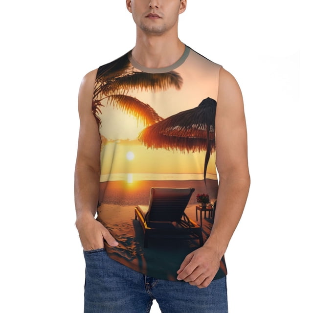 Fotbe Hawaiian Sunset Beach Men's Camiseta sin Mangas Estampada para Hombres, Playera Casual para Gimnasio, Entrenamiento, Playa-XX-Large