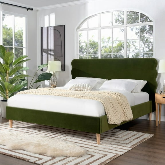 Stockholm | Modern Wavy Headboard Bed, King, Olive Green