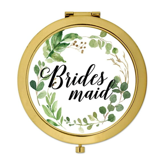 Koyal Wholesale Compact Mirror Bridesmaid Wedding Gift, Gold, Greenery Green Leaves, 1-Pack