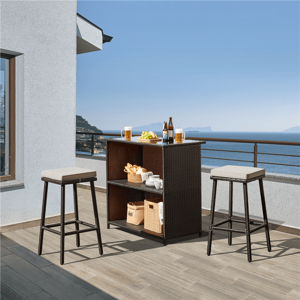 Renwick 3-Piece Rattan Patio Bar Set with Table and 2 Stools, Brown/Khaki