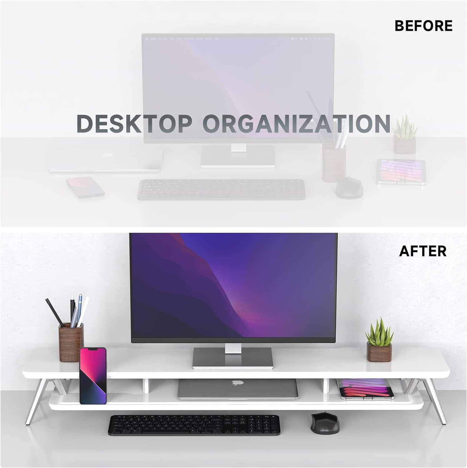 Dual Monitor Stand, Monitor Stands Riser for 2 monitors, 42.5 Inch Wood Desk Shelf with Storage Organizer and Cable Management for Office Desk Accessories