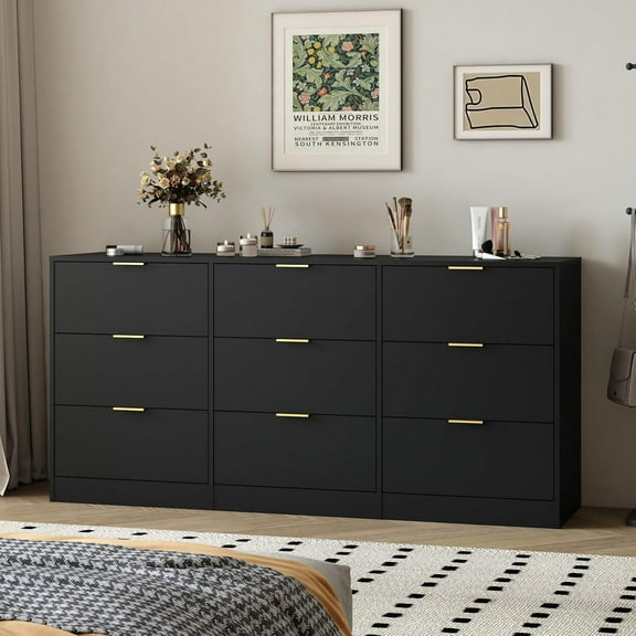 Black 9 Drawer Dresser for Bedroom,63'' Modern Large Deep Drawer Dresser with Gold Handle,Long Chest of Drawer,Bedroom Storage Organizer Furniture for Closet,Hallway
