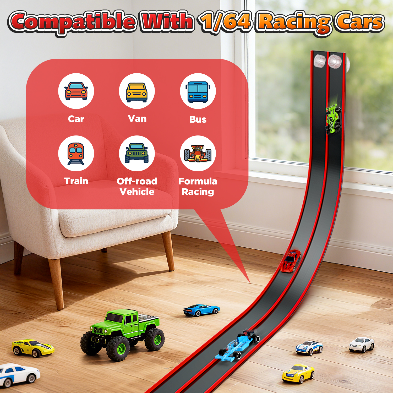 Beefunni 15FT Flexible Race Track for Kids, Bendable Track with Suction Cups, Portable & Foldable Indoor/Outdoor Toy, Compatible with Most 1:64 Toy Cars, Creative Gift for Boys & Girls (Red-Black)