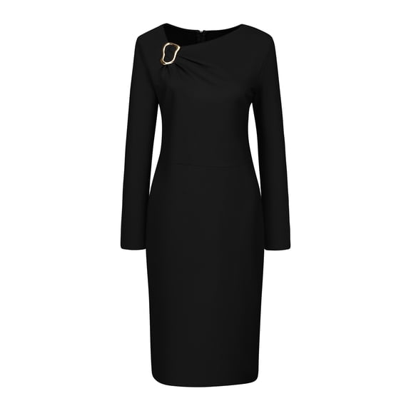 DARING DIVA Women's Midi Work Pencil Dress Asymmetrical Neck Bodycon Dresses S Black