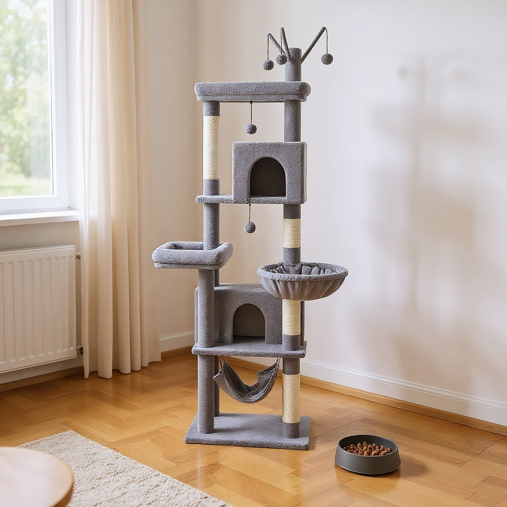 Pefilos 74" Large Cat Tree Tower for Indoor Cats, Fat Cats with Big Hammock, Cat Climbing Tree with Scratching Posts, Condo House and Top Perch, Gray