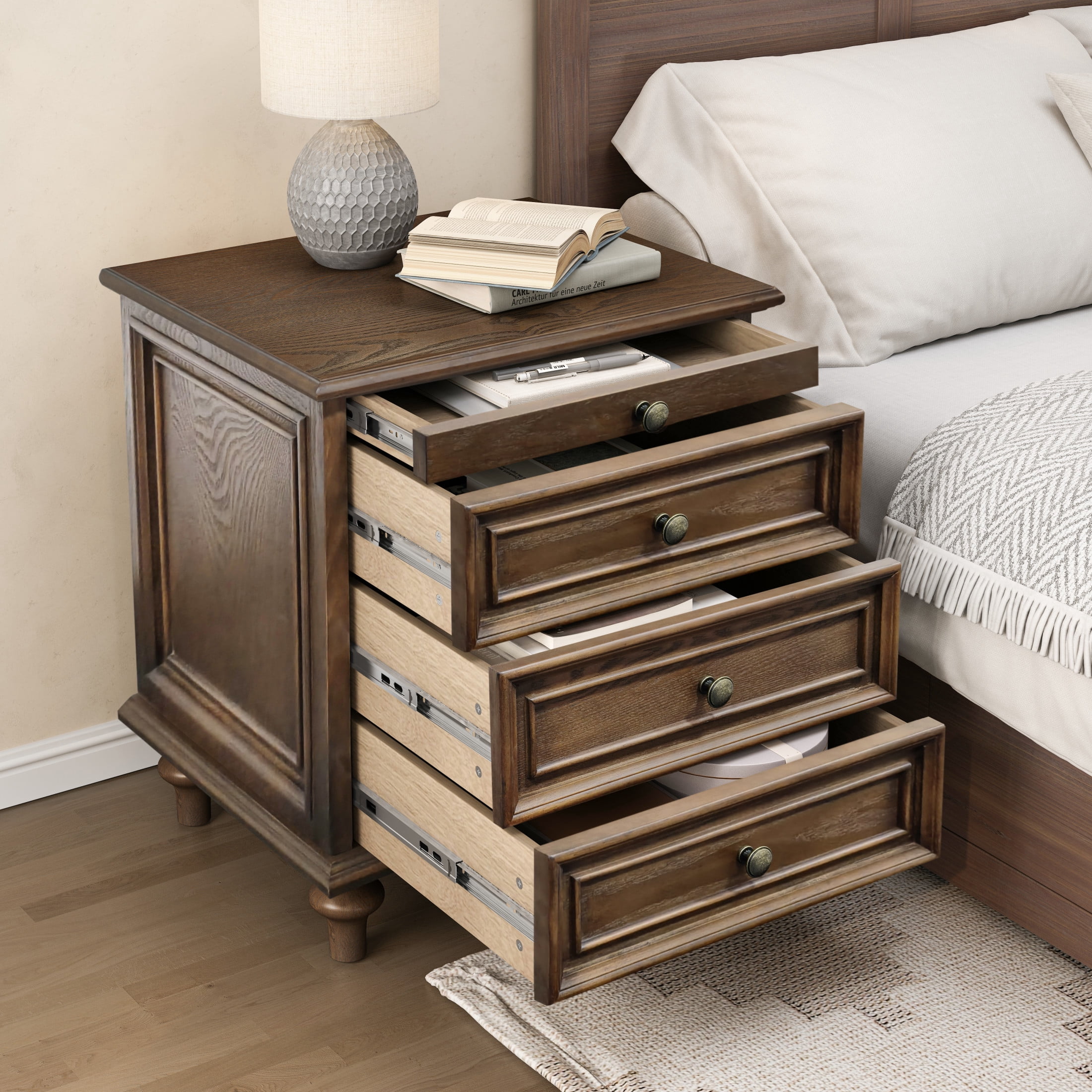 GDF Studio Farmhouse Nightstand with 3 Drawers & Pull-Out Tray, Solid Wood Legs, Walnut Brown