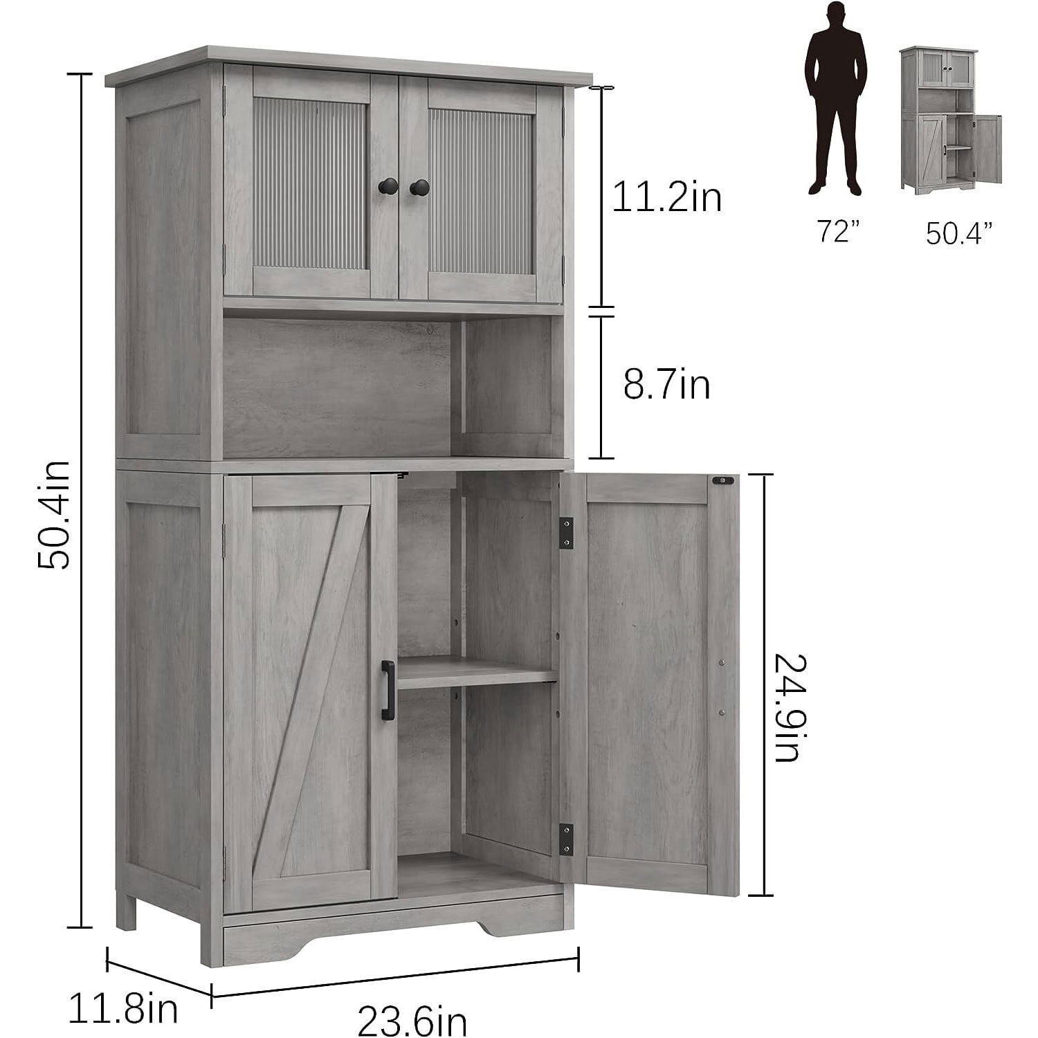 HOSSLLY Double Bathroom Storage Cabinet, Floor White Wooden Linen Cabinet with Shelves and Glass Doors, Kitchen Cupboard, Grey