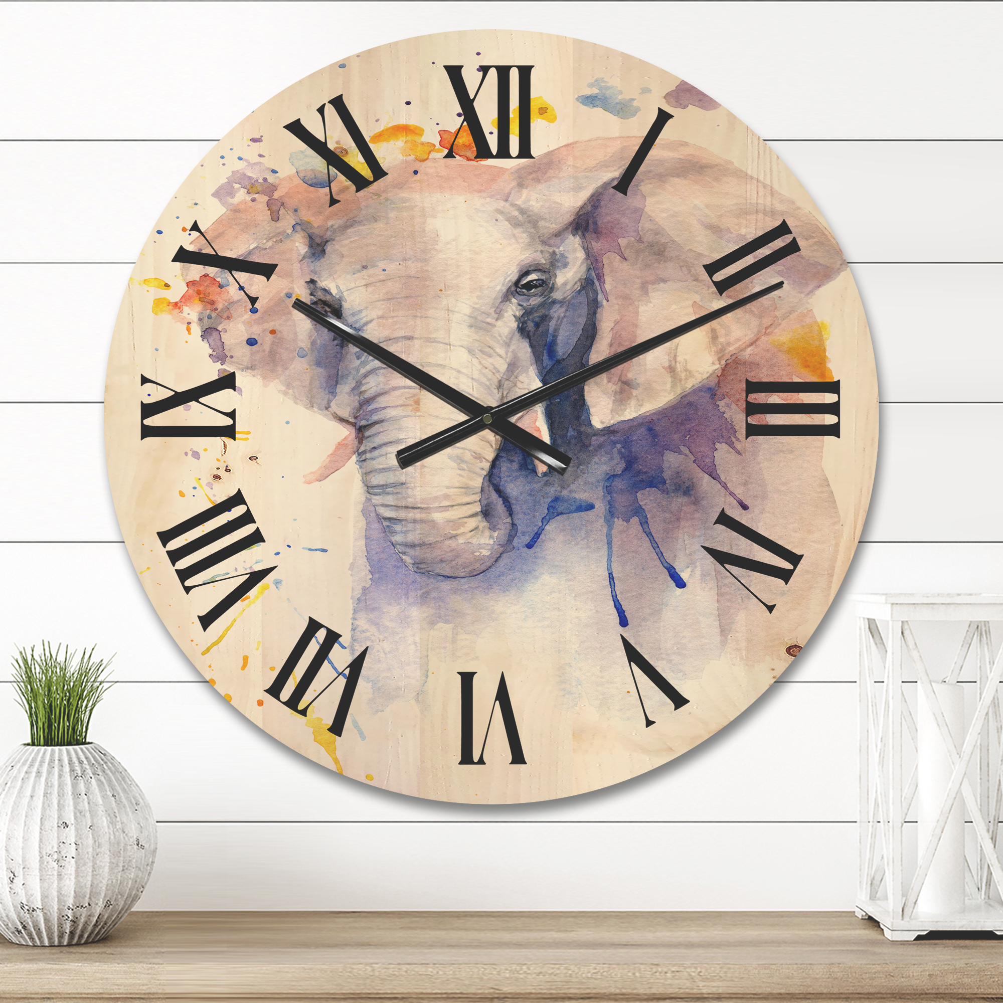 Designart 'Portrait of An Elephant Yellow and Blue Strokes' Farmhouse Wood Wall Clock
