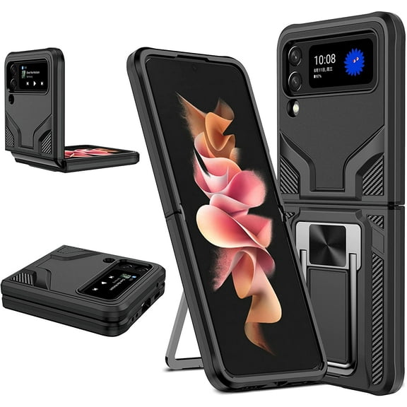 Compatible with Galxry Z Flip 3 Kickstand Case,Anti-Scratch Heavy Duty Protection with 360 Rotatable Ring Stand Cover Fit Magnetic Car Mount for Samsung Galaxy Z Flip 3 5 G (Black)