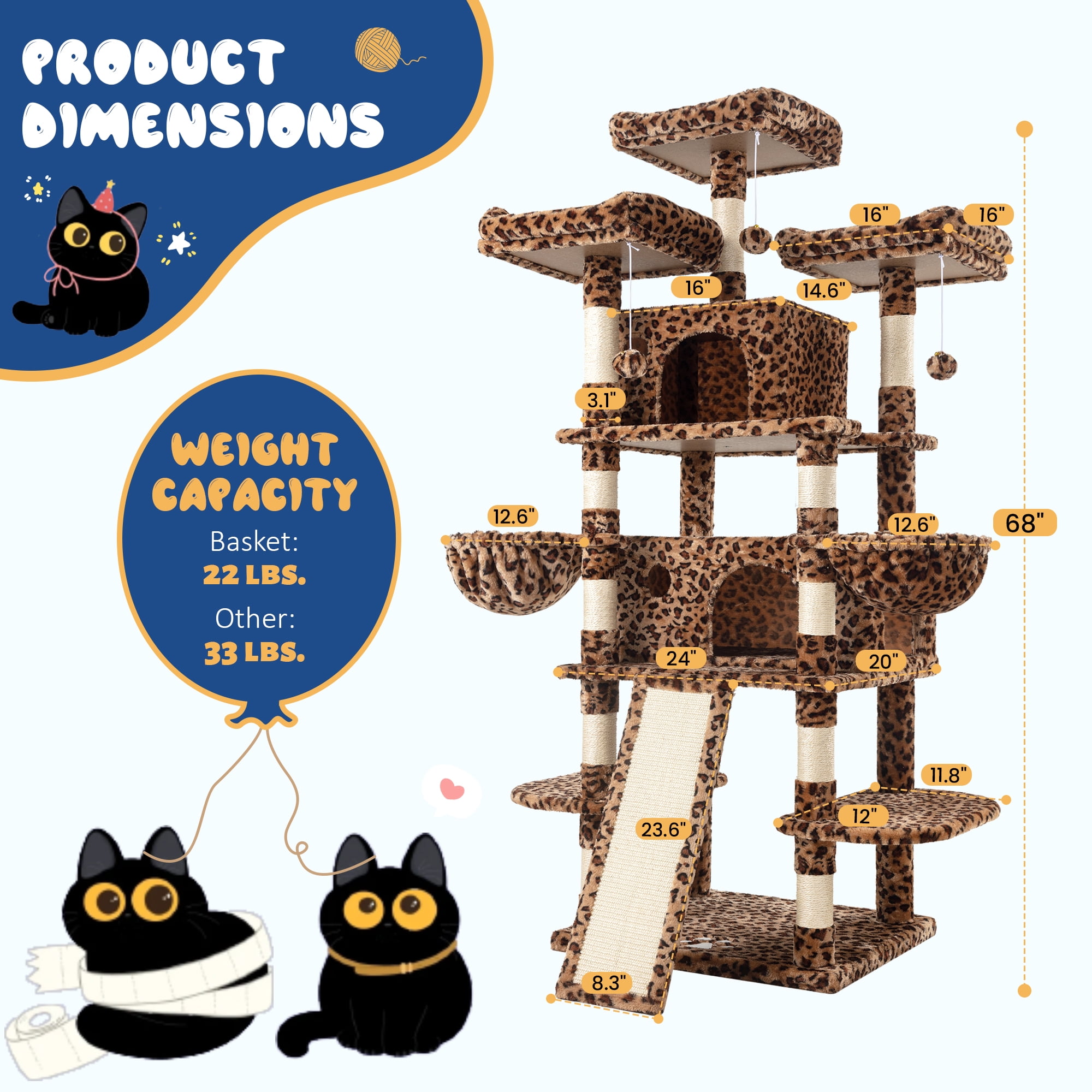 Allewie 68" Multi-Level Large Cat Tree and Tower with Cat Condo House, Scratching Posts & Board, Leopard Print