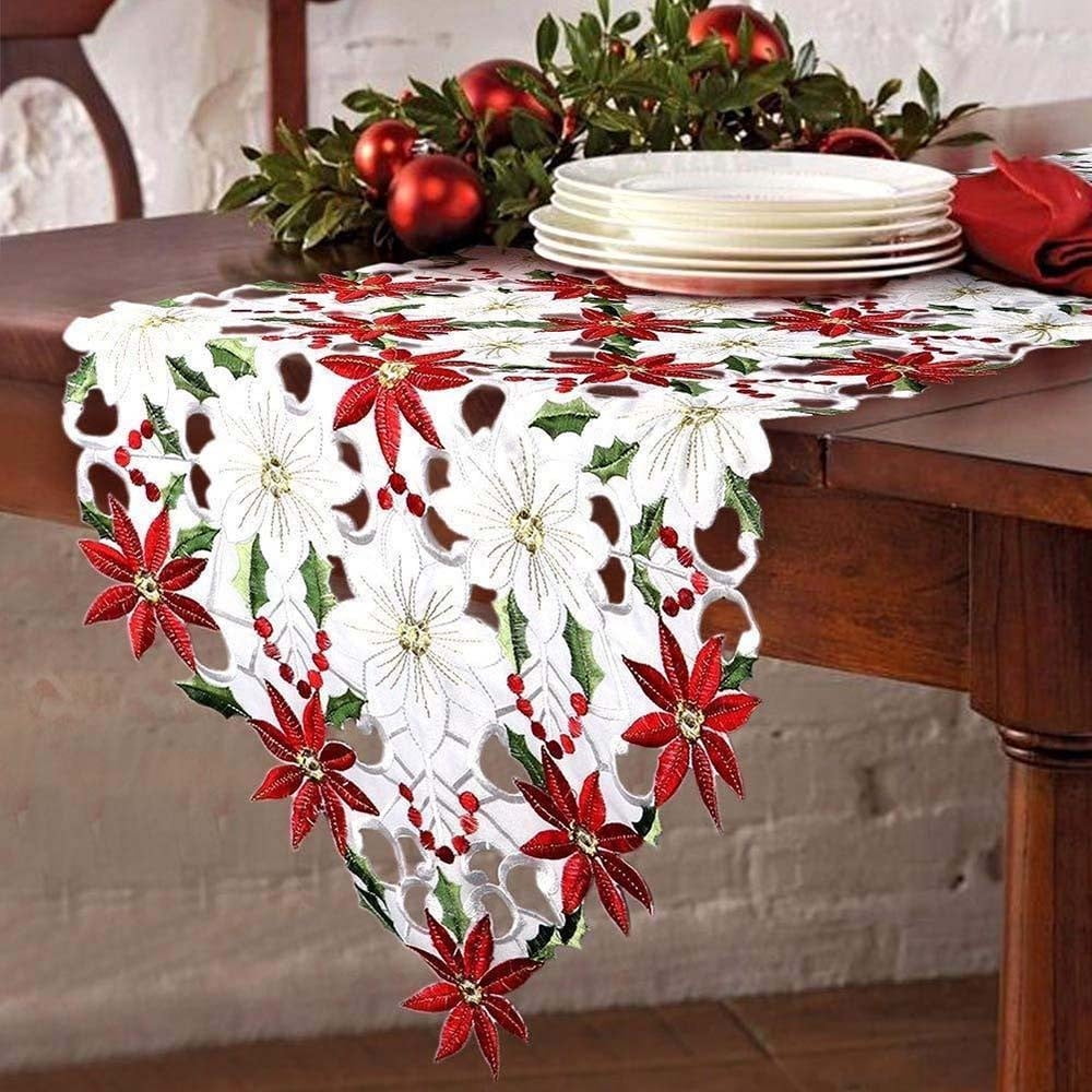 Embroidered Poinsettias Tablecloth 16"x36" White Table Runner Home Gift Decor 