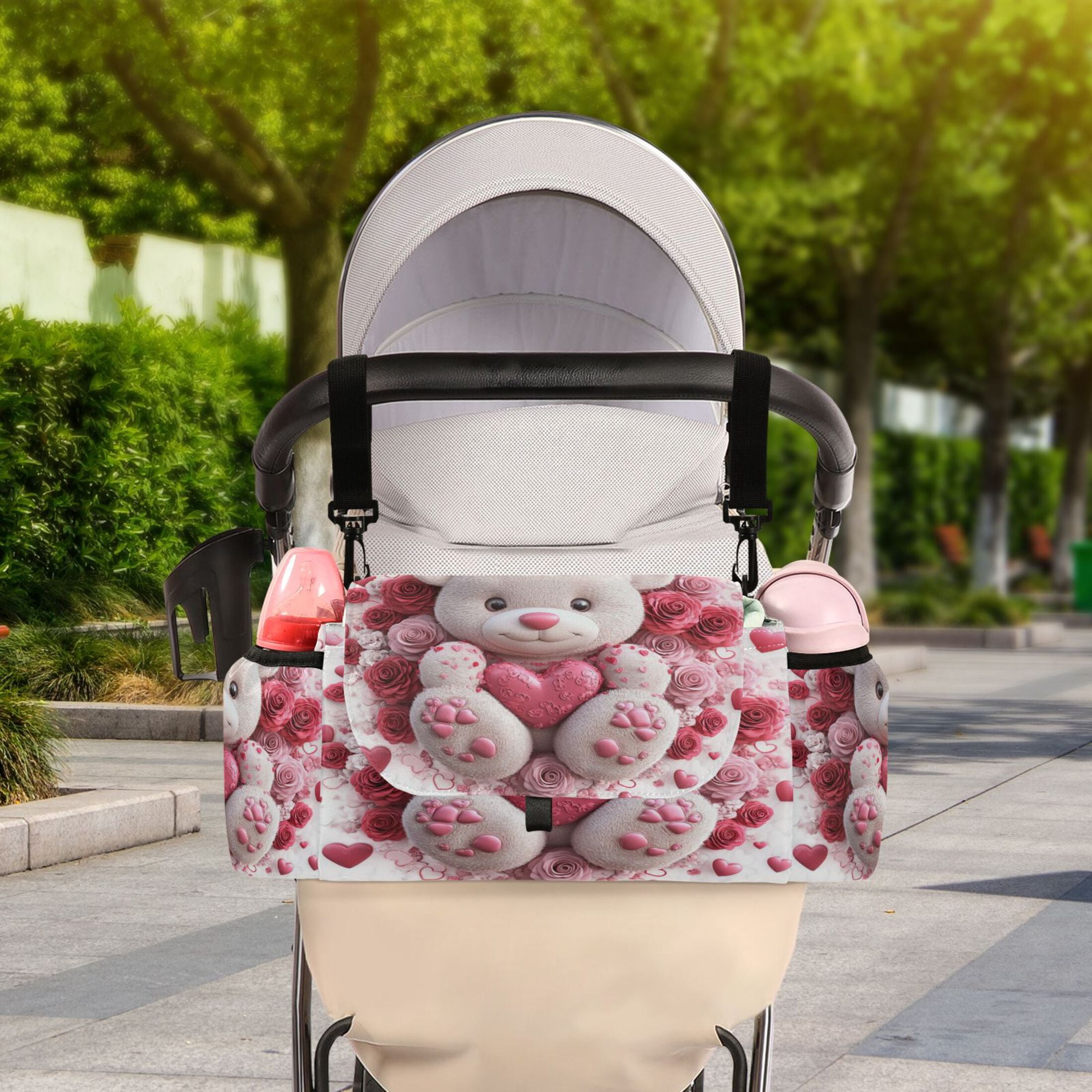 DIXRUYEE Stroller Organizer Cuddly Bear in Floral Embrace Printed