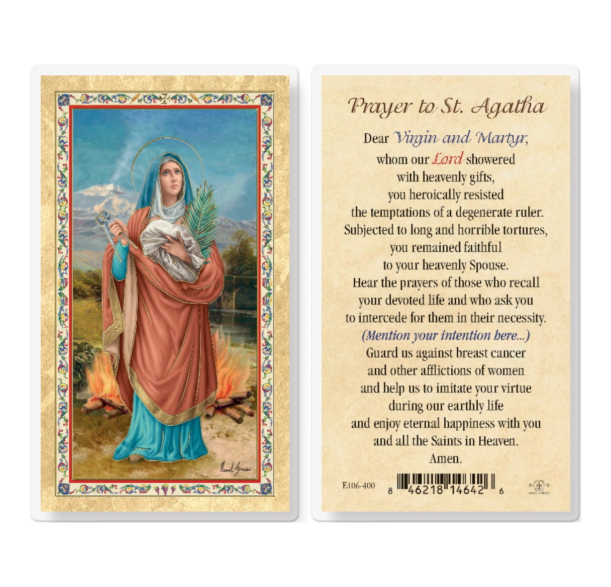 St. Agatha w/ Prayer GoldStamped Laminated Catholic Prayer Holy Card