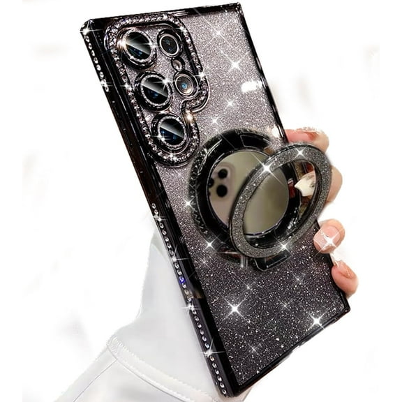 for Samsung Galaxy S24 Ultra Glitter Kickstand Case, [Compatible with MagSafe] Girl Woman Makeup Mirror Cute Bling Rhinestones Cover Camera Lens Protector Ring Stand for S24 Ultra (Black)