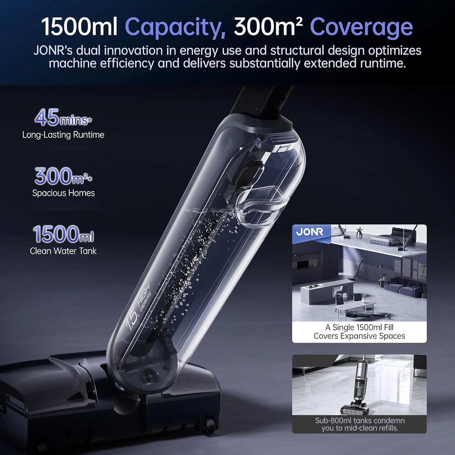 JONR H2 PRO Wet Dry Vacuum Cleaner, Cordless Hard Floor Cleaner with 20000 Pa Suction, 70°C Self-Cleaning, 180° Flat Positioning, HEPA Filter, 1500ml Fresh Water Tank