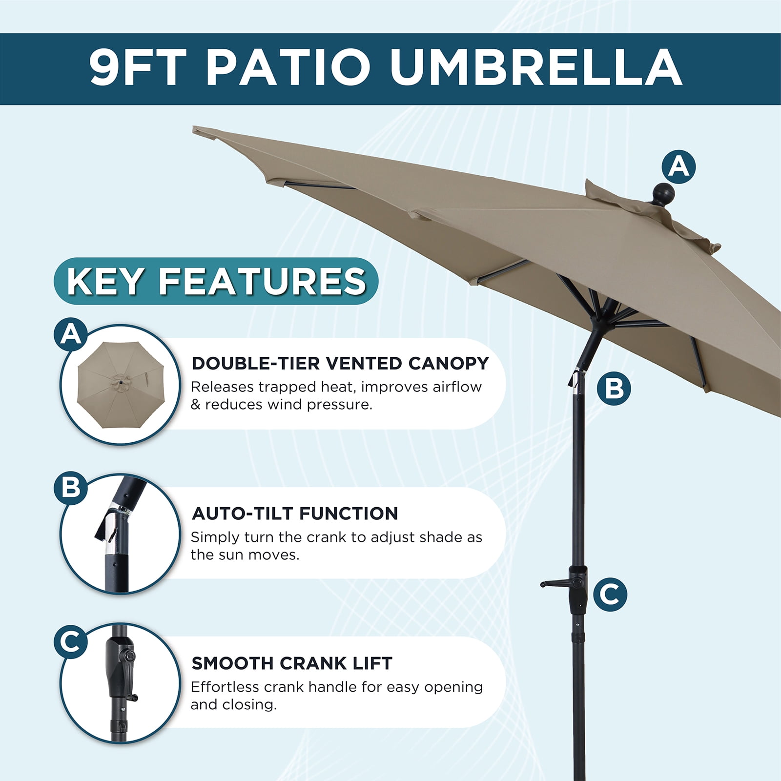 AE Outdoor 9ft Patio Umbrella with Auto-Tilt & Crank Lift, UV Protection Outdoor Market Parasol for Garden Deck (Base Not Included)