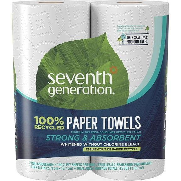 Pack of 12, Seventh Generation 100% Recycled Whitened Paper Towels, 115 Sq. Ft.