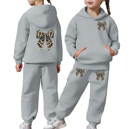 Toddler Kids Girls Sweatsuit Set Cute Hooded Casual With Bow Print Cozy Pullover Hoodie And Jogger Pants Casual Pants Set 12-13 Years