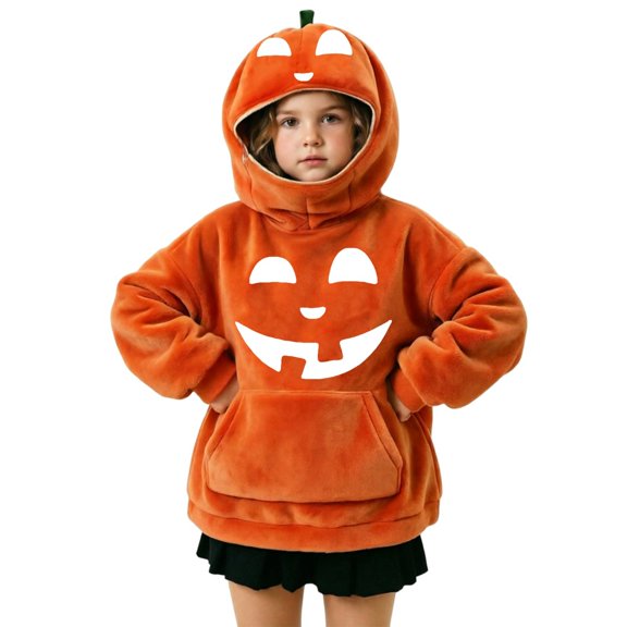 Kids Halloween Pumpkin Hoodie, Zip Face Cover Jack-o'-Lantern Long Sleeve Pullover Sweatshirt with Pocket, Soft Cozy Top for Boys Girls Trick-or-Treat(Orange1,7-8 Years)