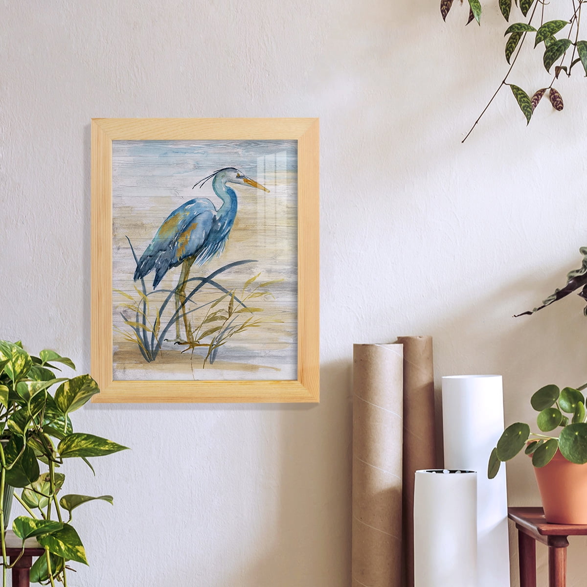 Blue Heron I -Framed Print w/glass-Natural Wood