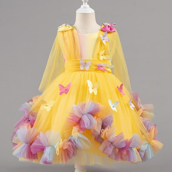 NAISIBABY Flower Dress for Girls 8T, Lace Long Sleeve Back Bowknot Zipper Mesh Tutu Kids Party Pageant Princess Dress Yellow(1-9T)