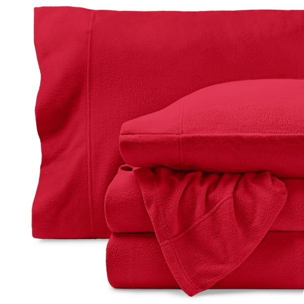 Bare Home Juego de Sábanas de Vellón Acogedor Vellón Polar Extra Lujoso, Bolsillo Profundo, Tamaño Queen, Rojo