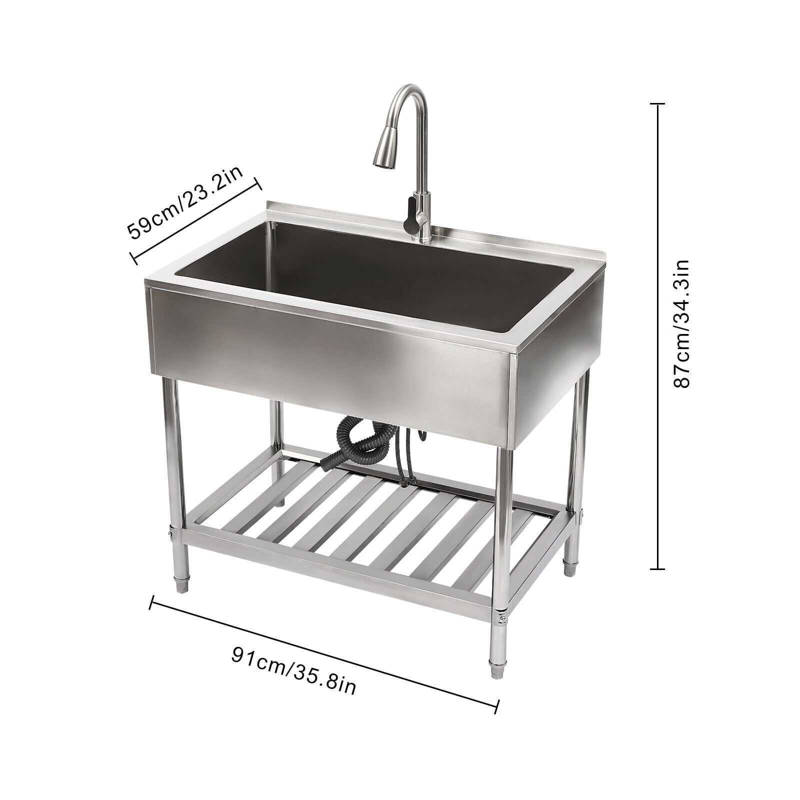 Stainless Steel Utility Sink, Freestanding Single Bowl Laundry Sink with Hot and Cold Pull-Out Faucet, Adjustable Feet & Storage Shelf for Kitchen Laundry Room Restaurant, 36" x 22" x 34"