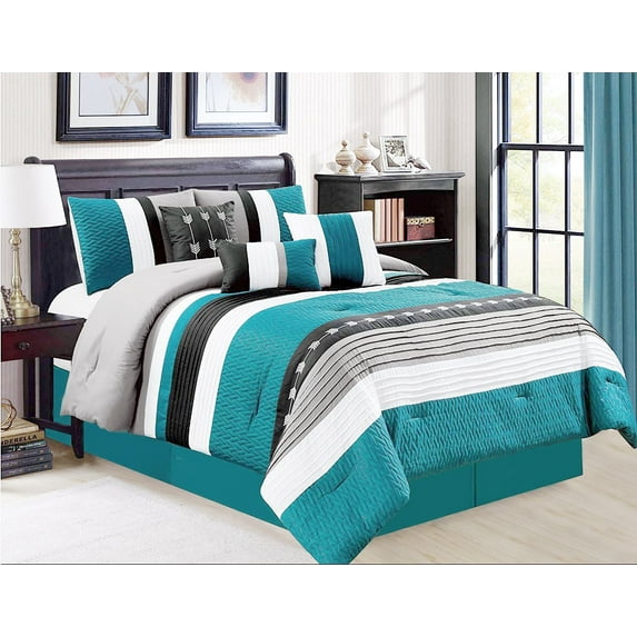 HGMart Bedding Comforter Set Bed In A Bag - 7 Piece Luxury Microfiber Striped Bedding Sets - Oversized Bedroom Comforters, King Size, Light Blue
