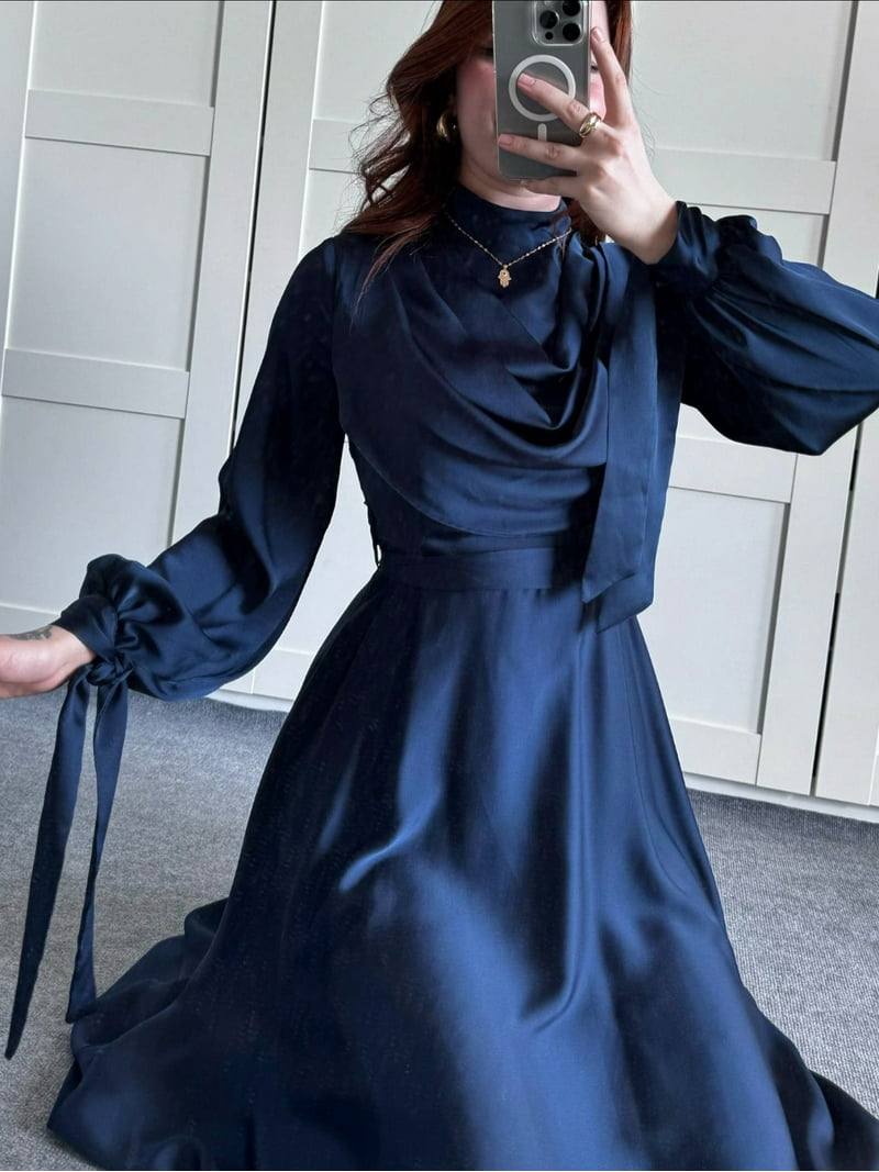 Satin Plunge Collar Long-Sleeve Strappy Maxi Dress - Walmart.com