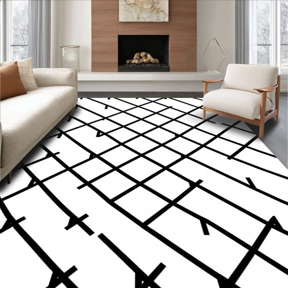 ODIKA 4'x6' Machine Washable Non-Slip Area Rug, Lattice Grid Crisscross Contemporary Minimalist Graphic Design High Traffic Rug, Black, 466928