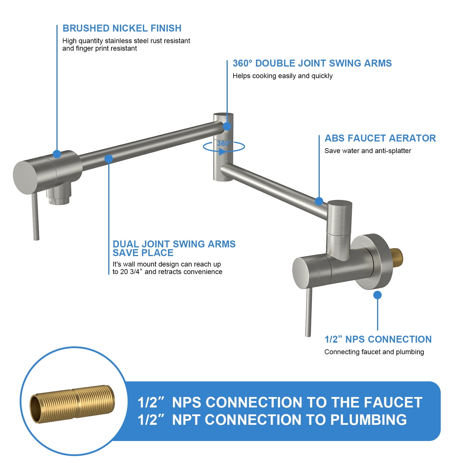 Pot Filler Faucet Wall Mount Brushed, 20" L Stainless Steel Folding Kitchen Faucet with Double Joint Swing Arm, Commercial Pot Filler with 360° Swivel Spout & ABS Aerator