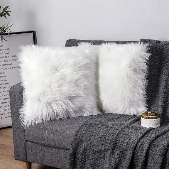 Nvzi Pack of 2 Fluffy Soft Square Pillow Covers Luxury Faux Fur Throw Decorative Pillow Cover Plush Pillow Case Faux Fur Cushion Covers for Livingroom Sofa Bedroom Car (2pcs White, 20"x20")