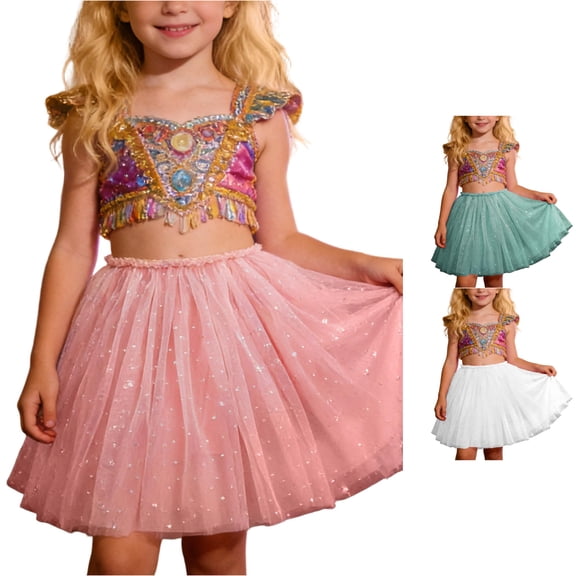 SUXIAN Girls Skirt Carnival Sequin Mesh Tutu Ballet Dance Party Outfit For Kids Toddler Girls Skirts Pink_001 8-9 Years