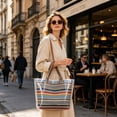 thumbnail image 5 of Tote Bag for Women Waterproof PVC Glossy Tote Bag Vintage Striped Faux-Woven Handbag for Work Travel Beach, 5 of 7