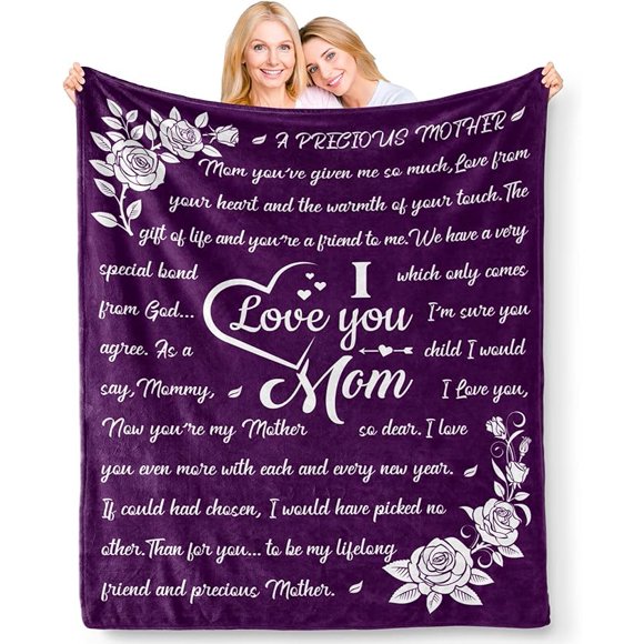LHSHID Gifts for Mom Blanket I Love You Mom Gifts from Daughter Son for Mother Unique Birthday Mothers Day Thanksgiving Gifts for Mom Double Sided Printed Blanket Purple 40"x50"