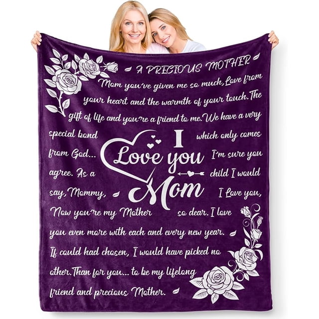 LHSHID Gifts for Mom Blanket I Love You Mom Gifts from Daughter Son for Mother Unique Birthday Mothers Day Thanksgiving Gifts for Mom Double Sided Printed Blanket Purple 30"x40"