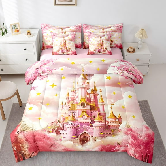 Erosebridal Pink Castle Bed in a Bag Twin size, Dreamy Princess Bedding Twin Size, Blossoms Flower Reversible Bed Set, Super Cozy Bedroom Decorative, 7pcs