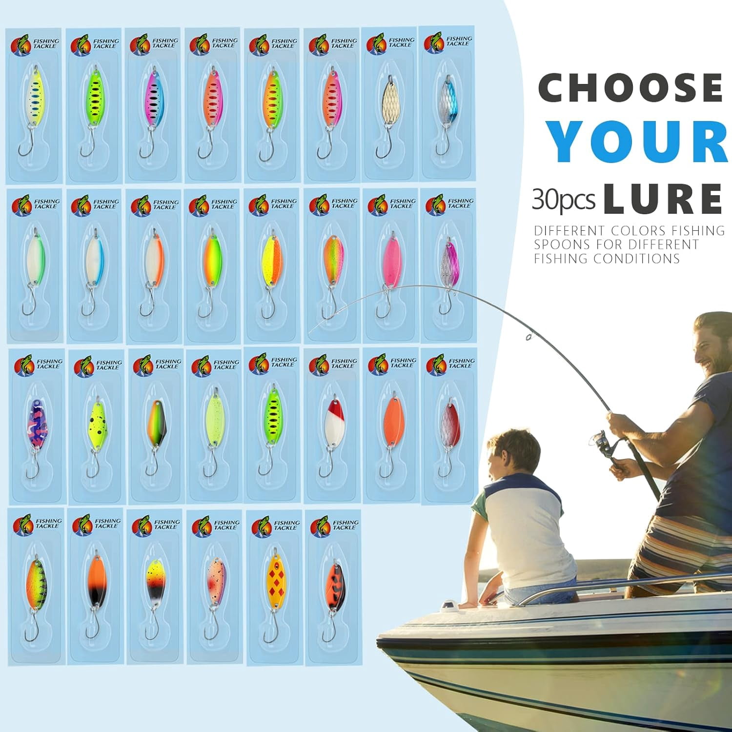 QualyQualy 30Pcs Fishing Lures Baits Tackle, Fishing Spoon Lure Spinnerbait Bass Walleye Trout Salmon Hard Metal Spinner Baits Kit