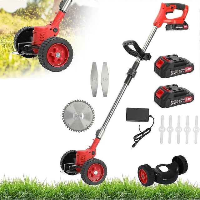 24V 2000mAh Grass Trimmer, Wireless Edge Cutter with 2 Batteries, 8 Blades, Removable Wheels (Red)