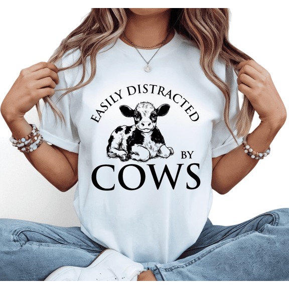 Women's Easily Distracted By Cows Graphic Comfortable T Shirt Casual Short Sleeve Round Neck Top White S-5XL