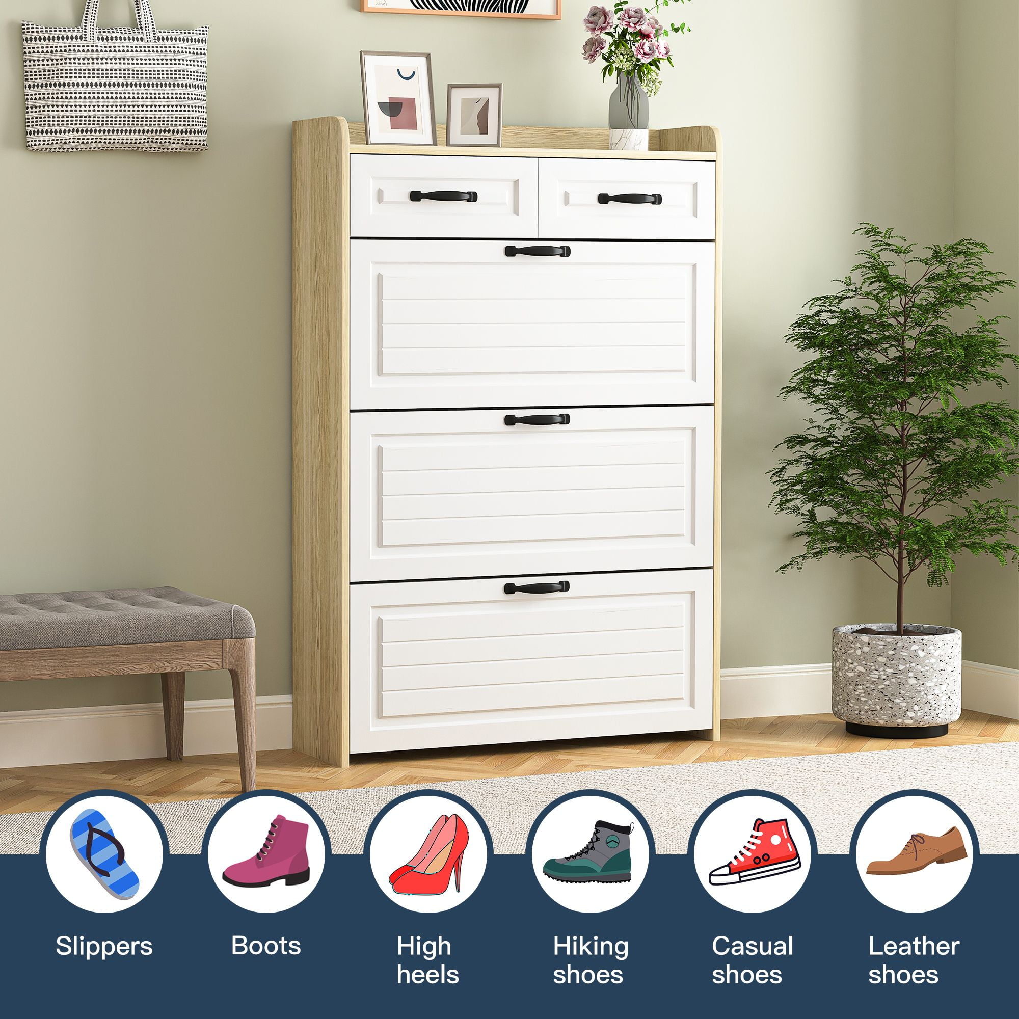 Demi Bonn Narrow Shoe Storage Cabinet, Shoe Cabinet for Entryway with 3 Flip Drawers, Wood Hidden Freestanding Shoe Organizer for Hallway, Bedroom, Apartment, Oak